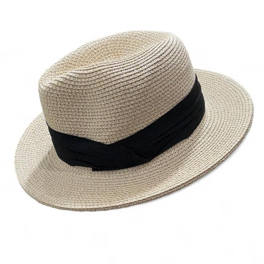 Classic Straw Panama Fedora Sun Hat with Black Ribbon Band size XS Resortwear